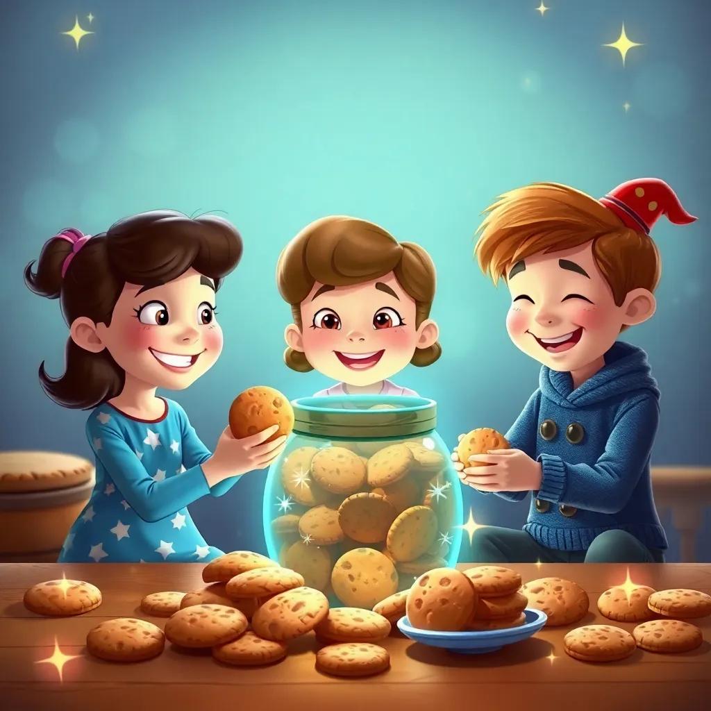 Lucy, Molly, and Benny sharing cookies happily next to the enchanted jar, their faces glowing with joy, surrounded by sparkles, heartwarming and cheerful atmosphere, high quality