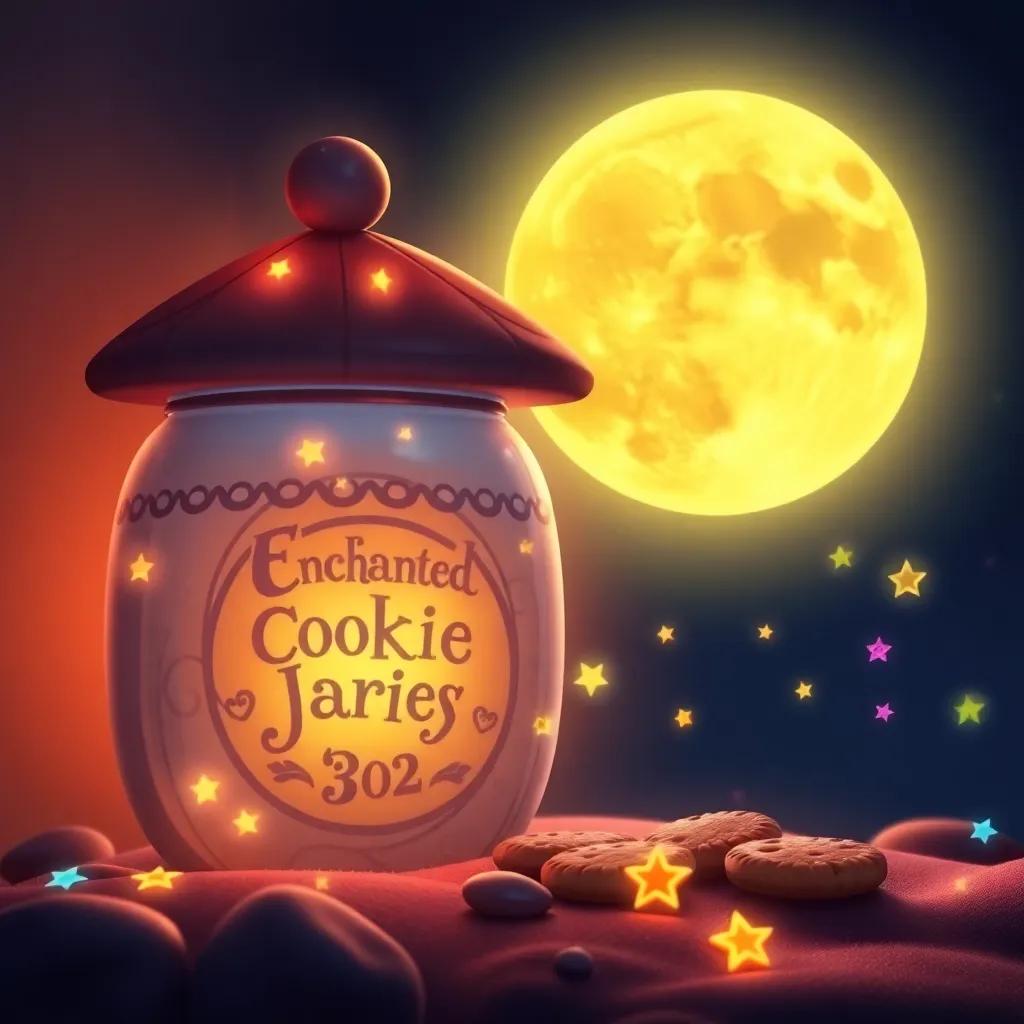 The enchanted cookie jar glowing brightly next to a glowing moon, a symbol of friendship and happiness, surrounded by colorful little stars, magical and delightful, high quality