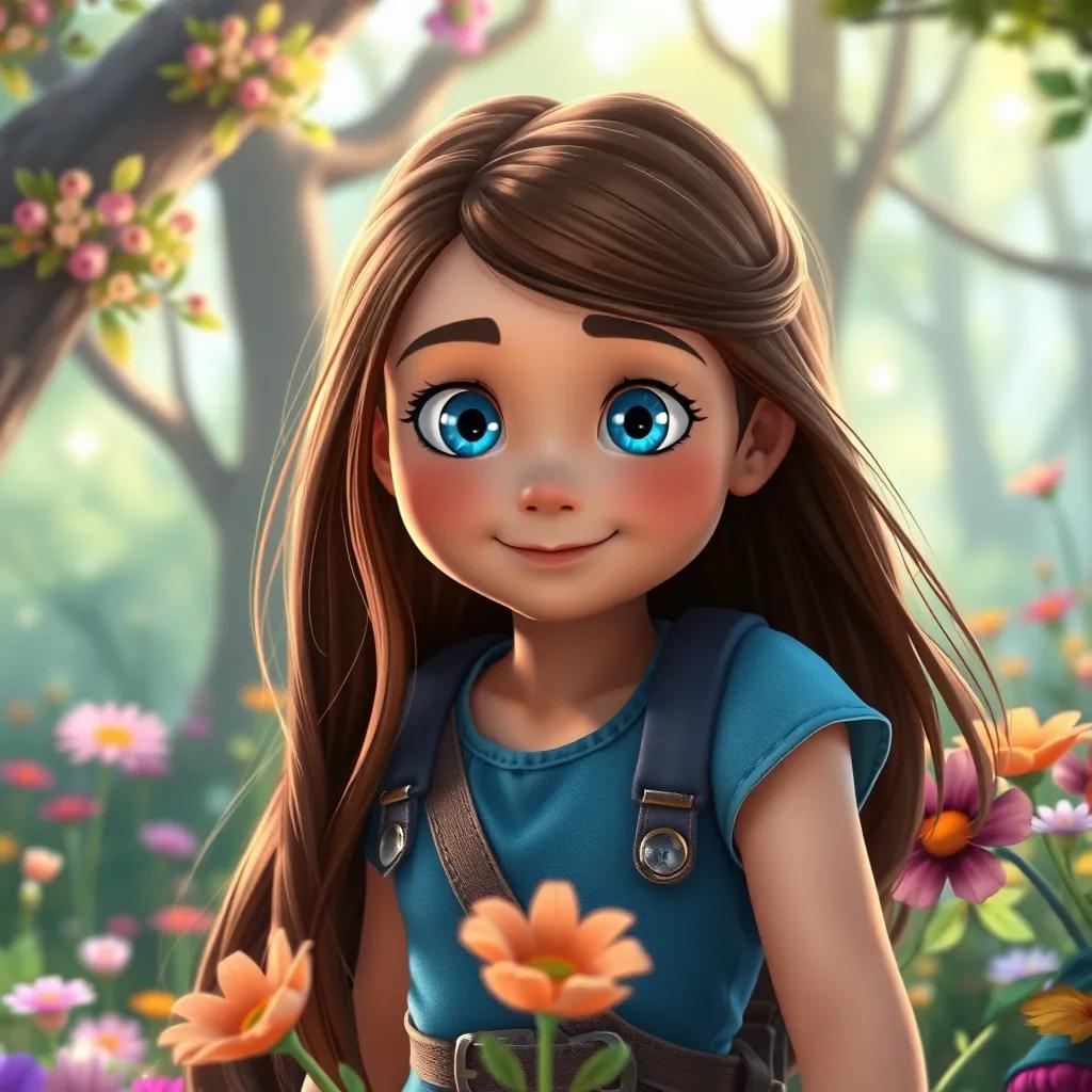 A brave 8-year-old girl, Sara, with long brown hair and bright blue eyes, exploring a magical forest filled with colorful flowers and sparkling lights, digital art, vibrant colors, sunny atmosphere, enchanting view, high quality