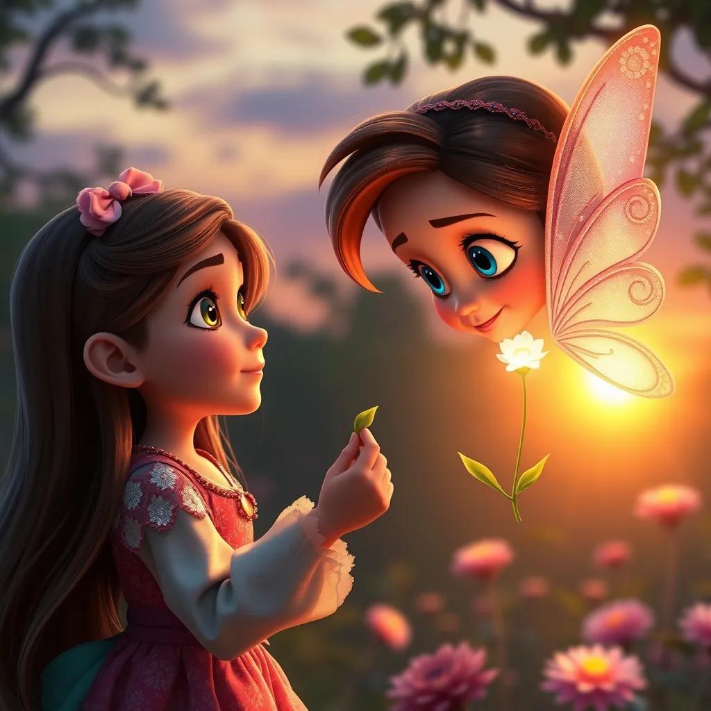 Sara, a brave 8-year-old girl, with long brown hair and bright blue eyes, receiving a sparkling flower from Lila, the tiny fairy with shimmering wings, at sunset in the enchanted garden, magical light, emotional, uplifting scene