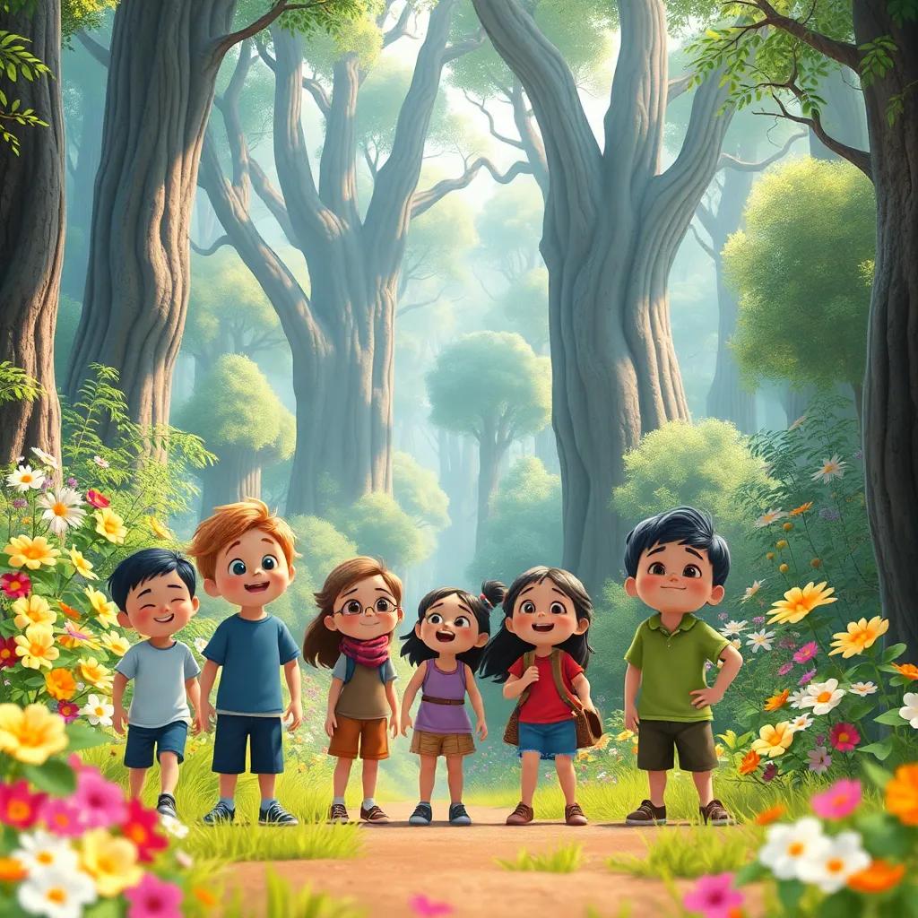 A group of children in a magical forest filled with bright flowers and tall, ancient trees, looking excited as they begin their adventure, digital art, vibrant colors, cheerful atmosphere, high quality