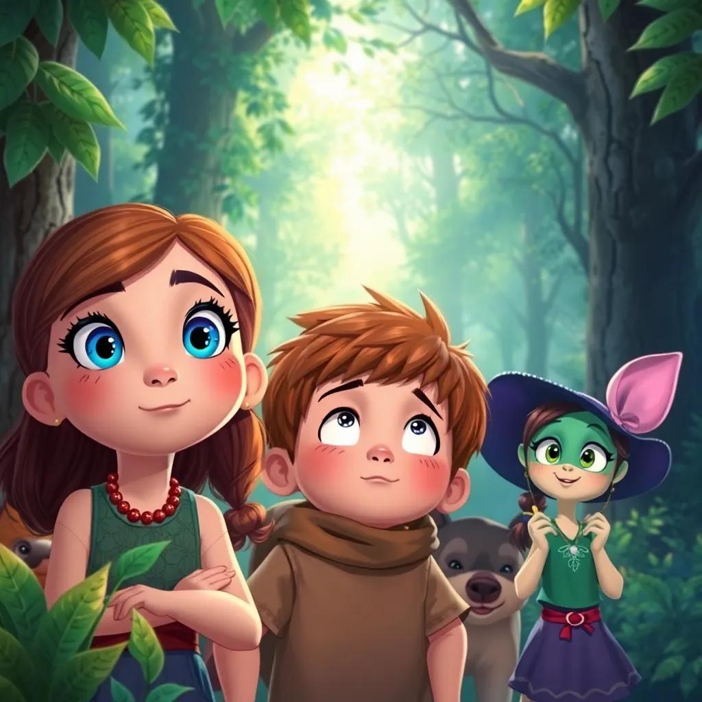 The children, Mia with bright blue eyes, Max looking curious, and crafty Lily, listening intently to mystical sounds coming from the forest, illustration, enchanted vibe, colorful, lush greenery, charming