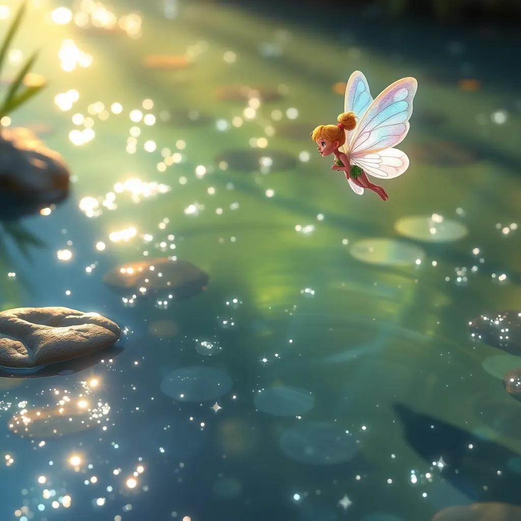 A shimmering pond sparkling like diamonds, with a tiny fairy named Lila fluttering above the water, her iridescent wings glowing, digital painting, magical scenery, sparkling water, captivating perspective