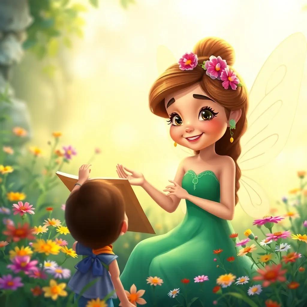 Lila the fairy explaining the quest to the children with a gentle smile, surrounded by colorful wildflowers, colorful illustration, enchanting light, warm and inviting