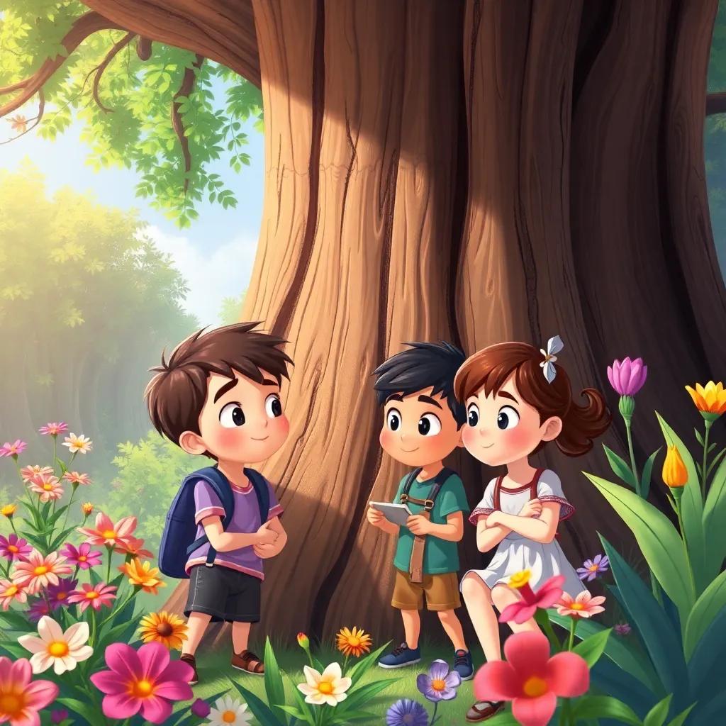 The children working together to solve a riddle in front of a tall tree, determination on their faces, vibrant flowers and plants surrounding them, delightful setting, illustration, teamwork, adventurous