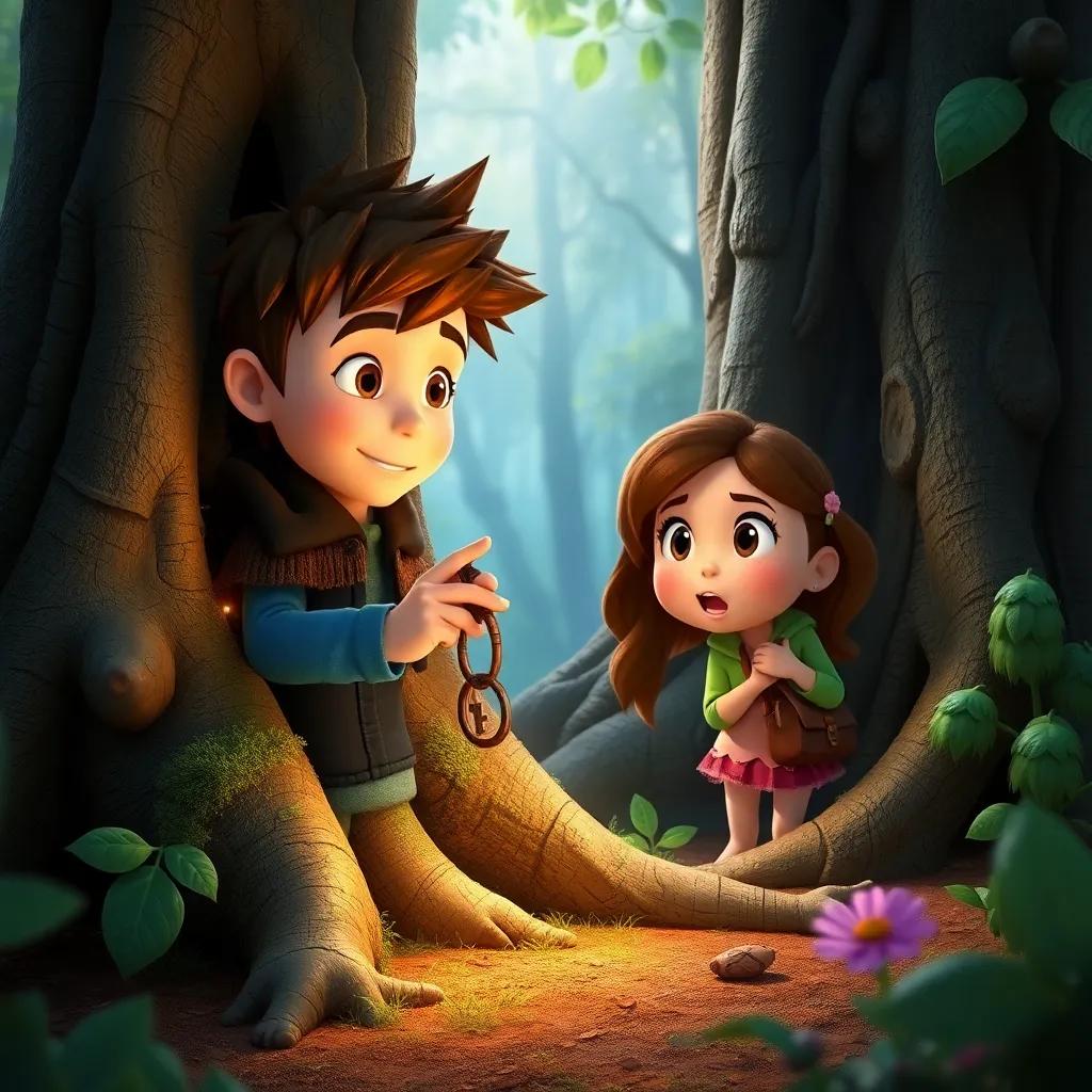 Max finding a small wooden key hidden in the roots of a tree, with Mia and Lily looking excited beside him, magical forest ambiance, detailed, engaging, heartwarming