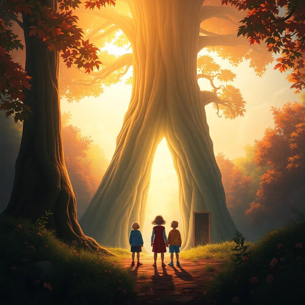 The hidden door at the base of the tallest tree opening, revealing a magical world full of light and wonder, children standing together in awe, digital art, warm colors, joyous vibe