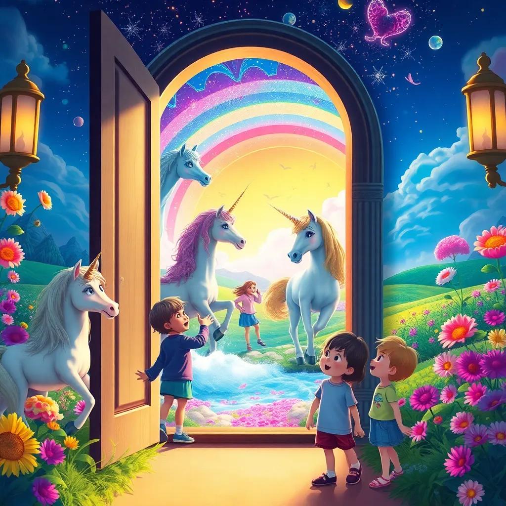 A magical world inside the door filled with colorful unicorns and gentle giants, children looking amazed and happy, vibrant, joyful, captivating scenery, fantasy art