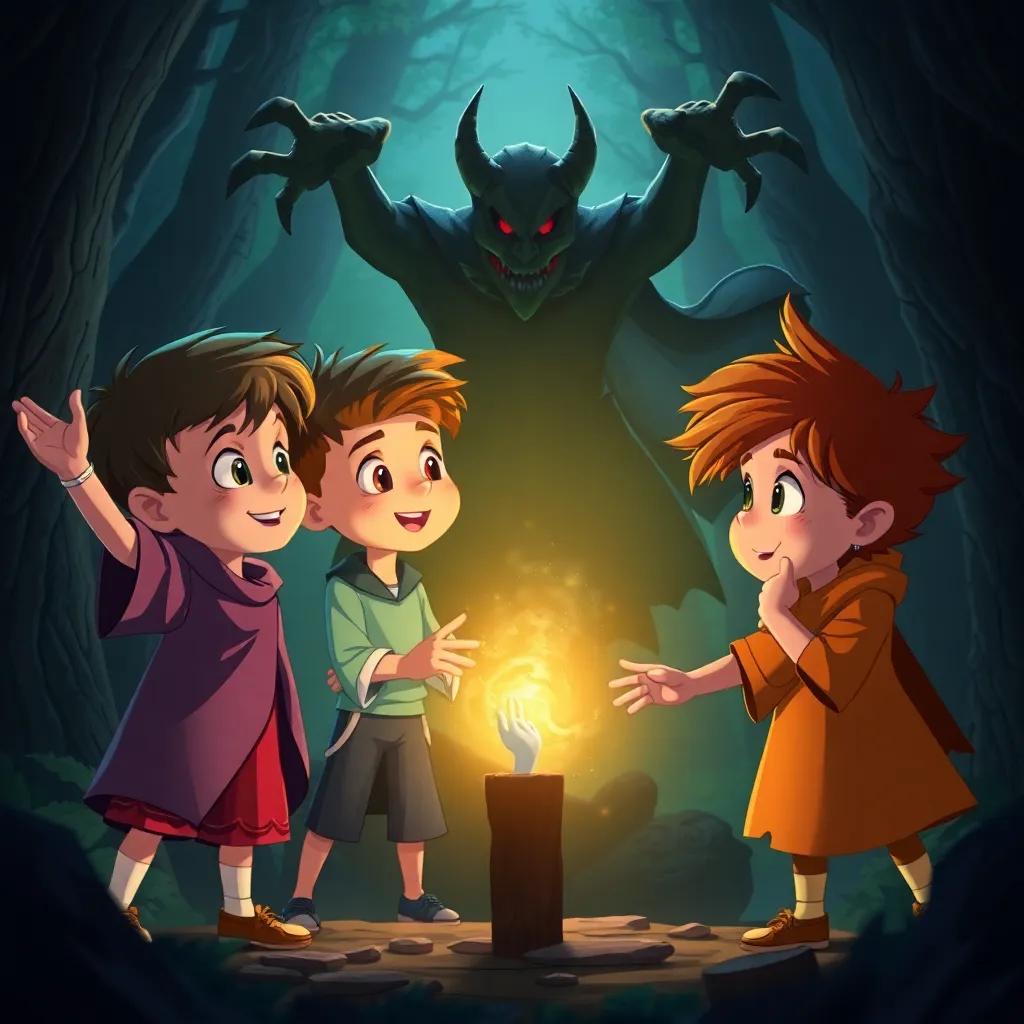 The children facing an evil sorcerer together, courage shining in their eyes, background of dark forest contrasting with their bright spirits, dynamic illustration, thrilling, exciting