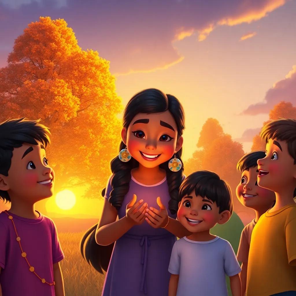 Lila thanking the children under a sunset with golden light, smiles on their faces, magnificent trees in the background glowing, heartwarming scene, digital art, uplifting, vibrant colors