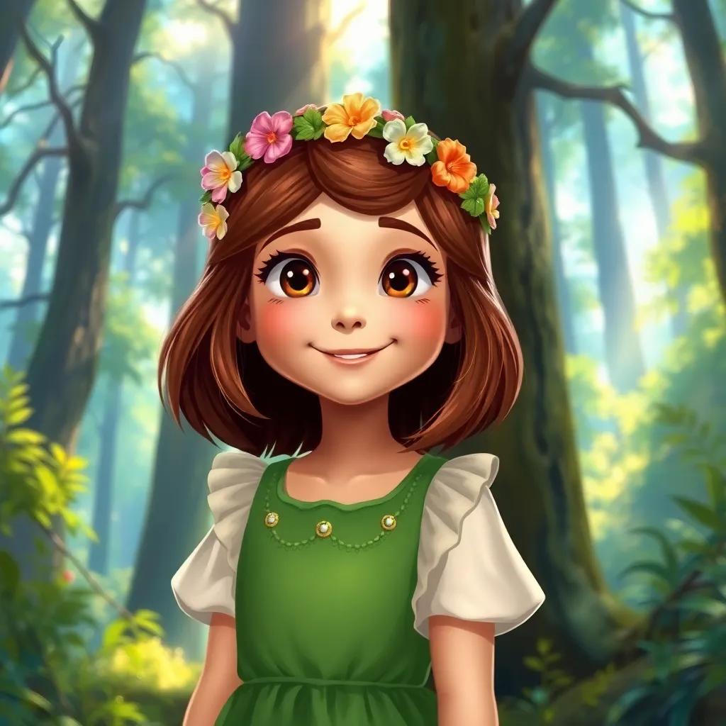 A curious girl, Mia, around 8 years old, with shoulder-length brown hair wearing a green dress and a flower crown, standing in a magical forest with tall trees and sparkling sunlight, digital art, vibrant colors, enchanting atmosphere, joyful expression, high quality