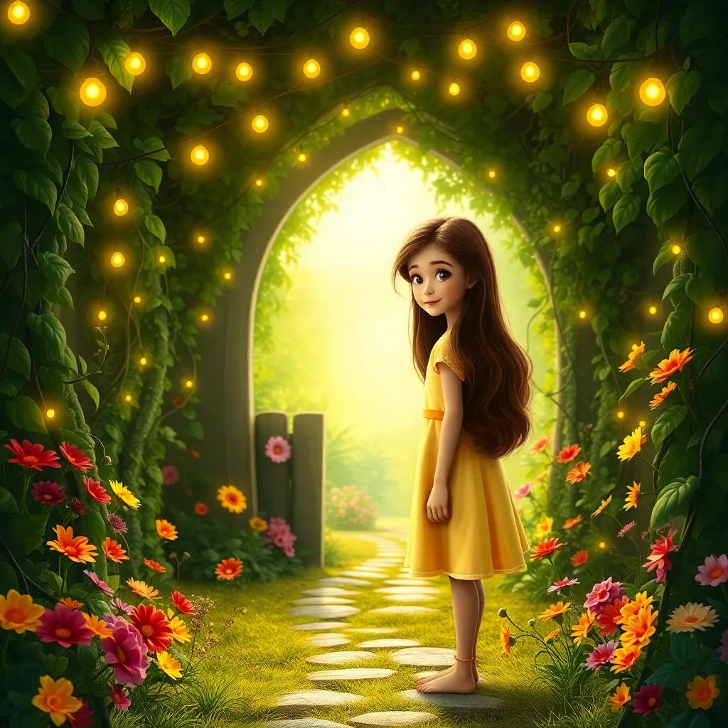 A young girl, Lily, with long brown hair, wearing a light yellow dress, standing at the entrance of a hidden garden covered in vines and twinkling lights, bright sunlight, colorful flowers all around, inviting atmosphere, digital art, detailed, vibrant colors