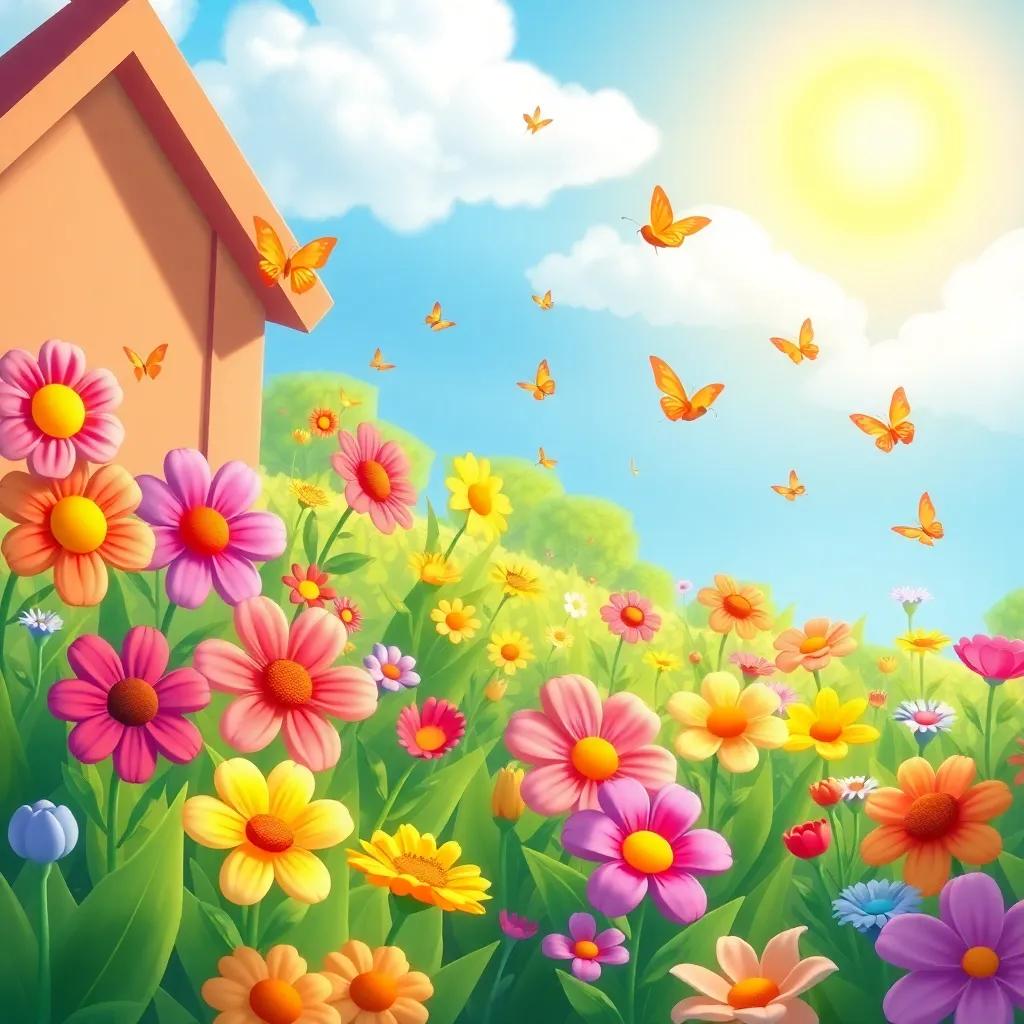 A magical garden filled with colorful flowers singing melodies, a bright and sunny sky, butterflies fluttering, cheerful atmosphere, illustration, child-friendly, colorful