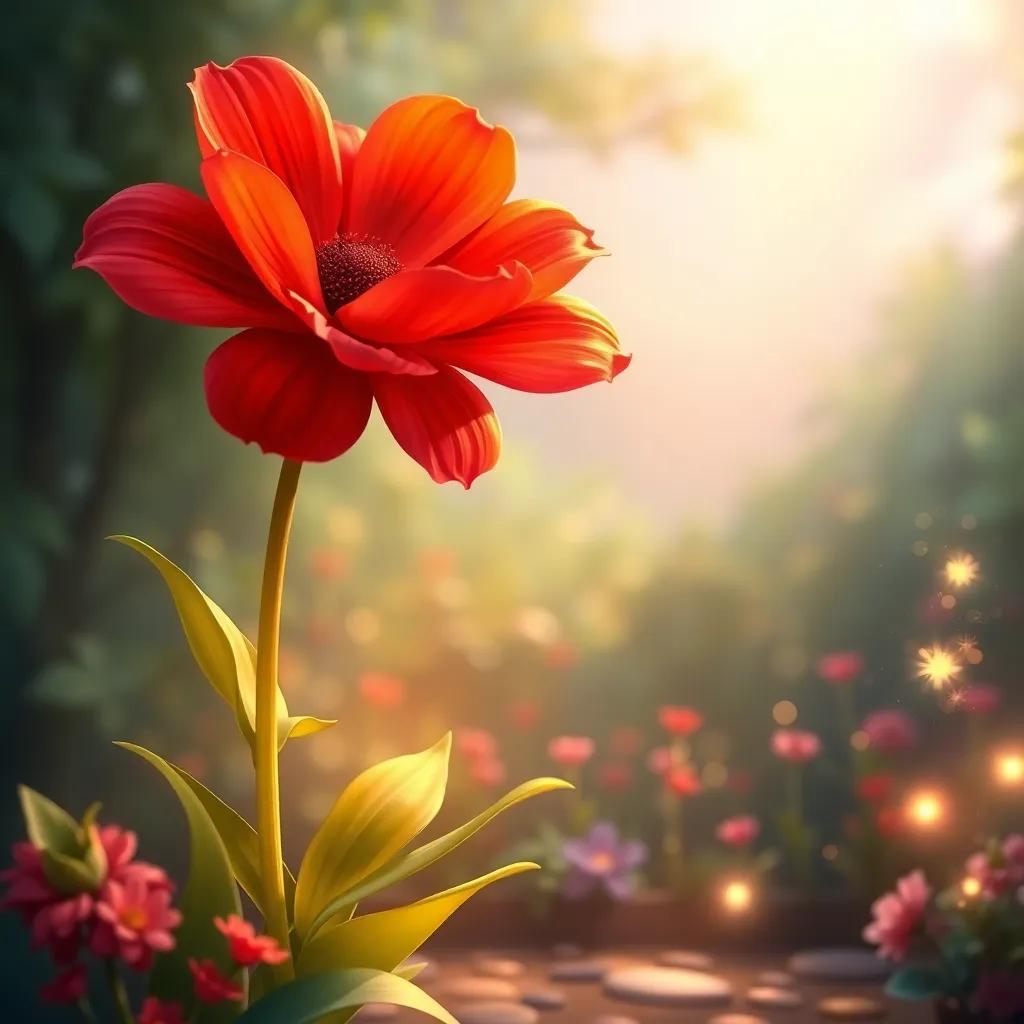 A big red flower with bright petals standing tall in the garden, with sparkling lights nearby, gentle breeze blowing, child-friendly and magical scene, digital painting, whimsical, warm light