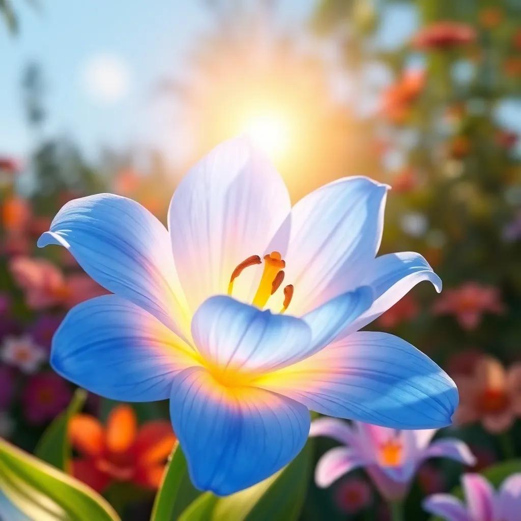 A lovely blue flower glowing under the sun, with a close-up view of its petals, Lily looking curiously at it, colorful garden background, joyful scene, digital art, cheerful