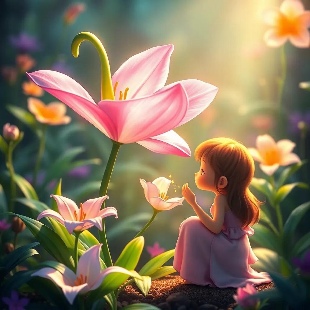 A delicate pink flower with soft petals, Lily kneeling down to listen to it, surrounded by a magical garden, vivid colors, mystical atmosphere, digital art, enchanting