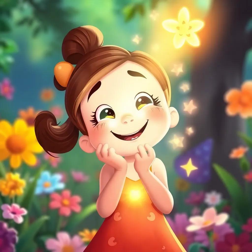 A warm glow inside Lily's heart, with glowing sparkles around her, as she realizes the secret to happiness, joyful expression, colorful garden background, illustration, uplifting