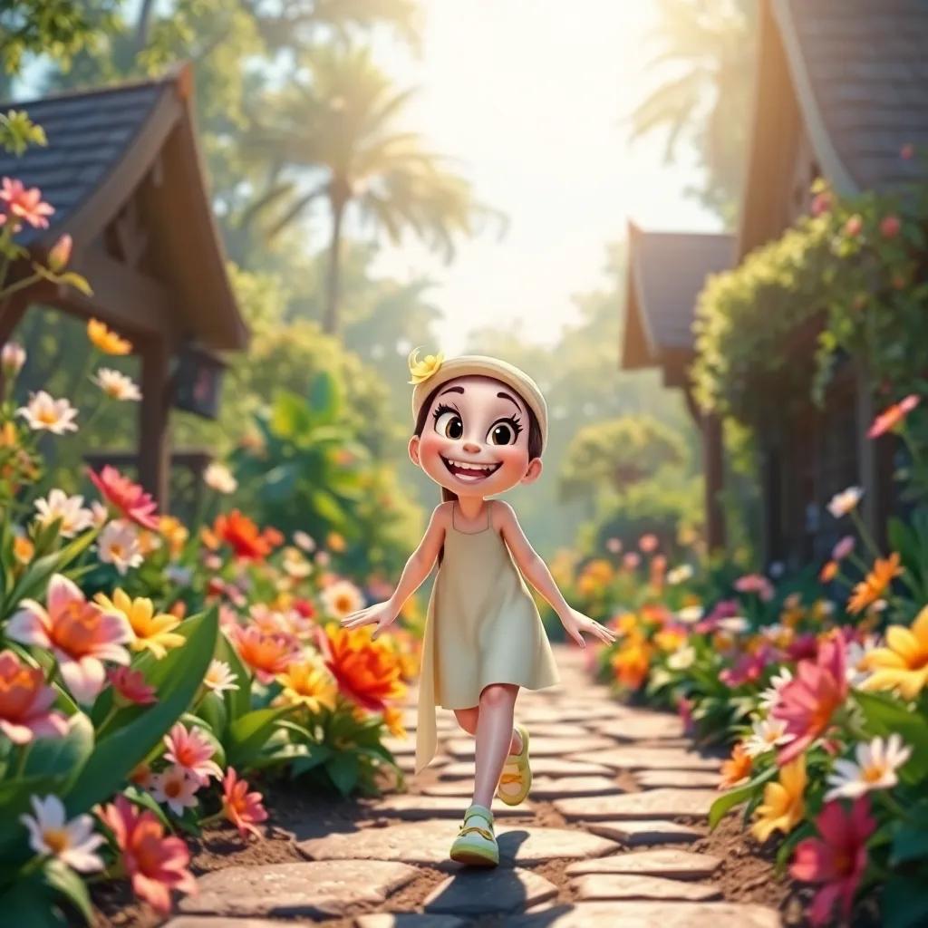 Lily smiling brightly, walking away from the Enchanted Garden, colorful flowers around her and sunshine beaming down, radiant atmosphere, digital art, happy and inviting