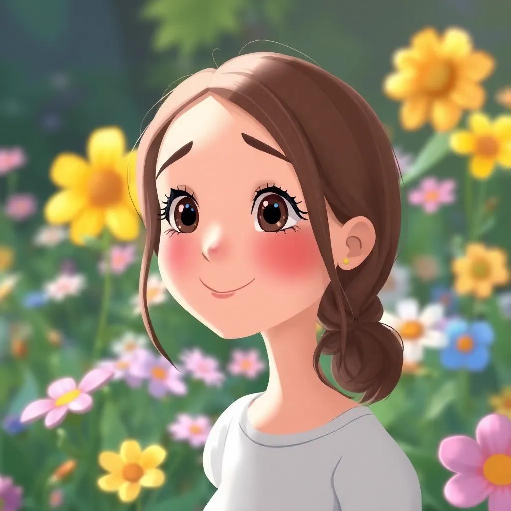 A close shot of Lily remembering the magic of the garden, with flowers in the background, soft colors, a sense of happiness and love, illustration, cheerful