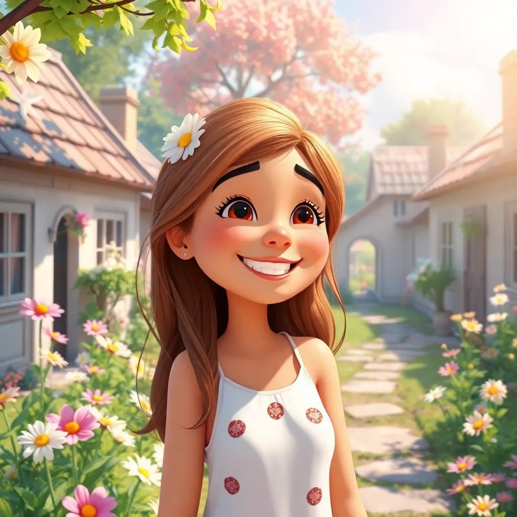 A small village with flowers everywhere, Lily smiling and sharing her happiness with friends, friendly atmosphere, bright sunny day, digital art, community spirit