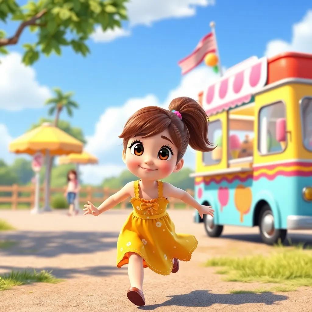 A curious girl named Anna, with brown hair in a ponytail, wearing a bright summer dress, happily running toward a magical ice cream truck, sunny day, vibrant colors, joyful atmosphere, digital art, children-friendly