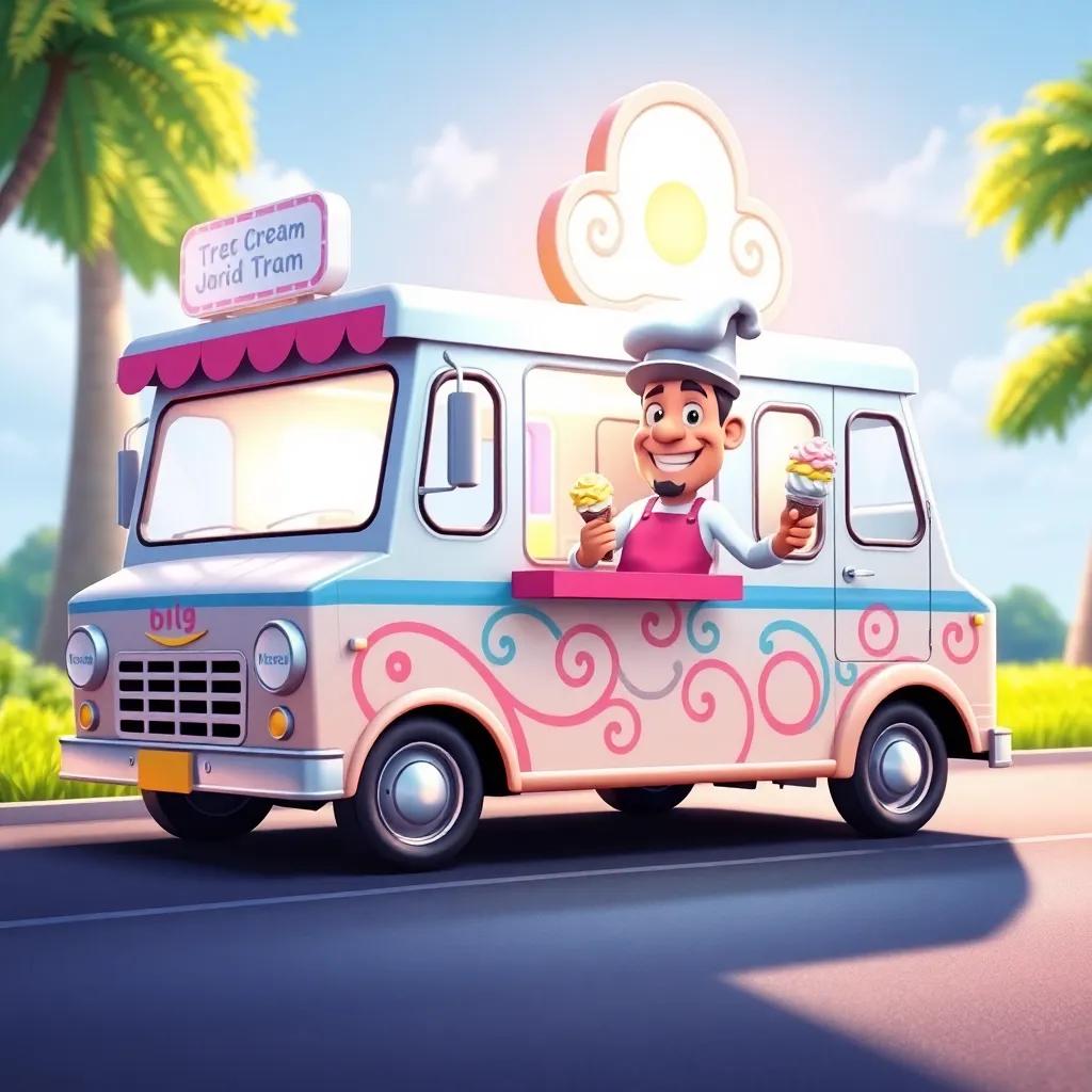 The ice cream truck shining brightly, decorated with colorful patterns and swirls, with a cheerful ice cream man wearing a tall hat and big smile, serving ice cream cones, summertime, cartoonish style, inviting scene