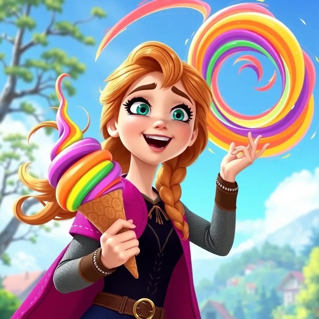Anna holding a cone of rainbow swirls, excitement on her face, feeling a rush of energy, trees and houses in the background, bright blue sky, dynamic motion, colorful illustration, adventure theme