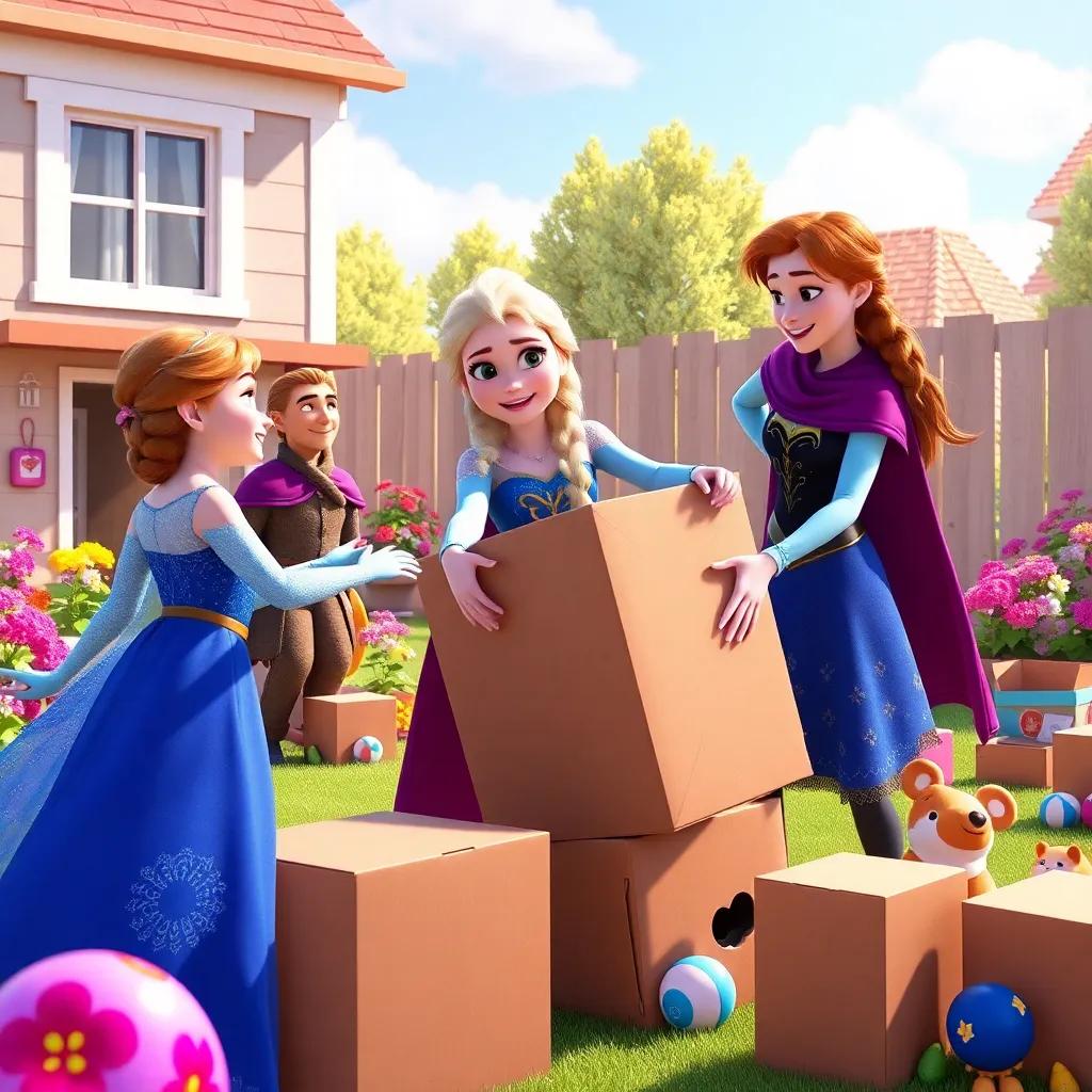 Anna using her super strength to lift heavy boxes with her friends, smiling and laughing, vibrant yard with toys and flowers, sunny day, cheerful colors, happy scene