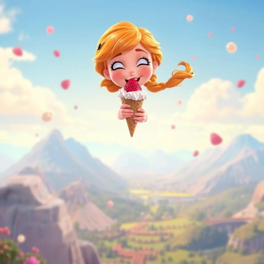Anna tasting a cone of Sparkling Strawberry ice cream, lifting off the ground with joy, a beautiful landscape below, bright colors, floating imagery, magical feeling, whimsy