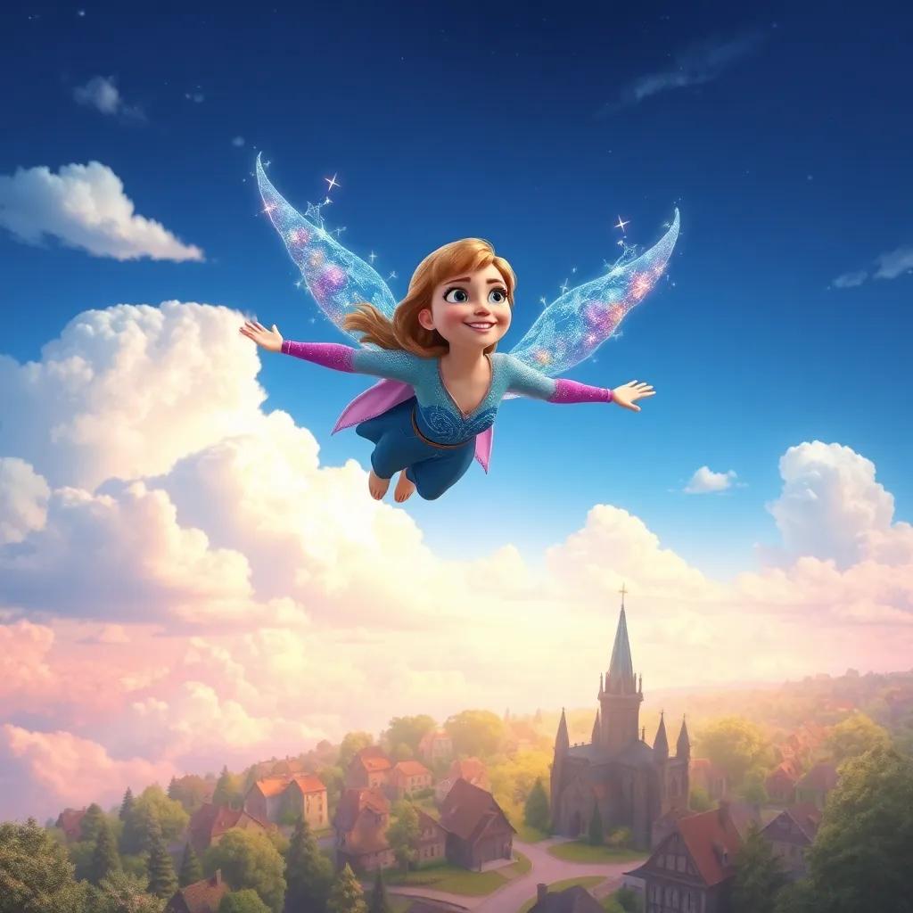 Anna soaring high in the sky, looking down at her tiny neighborhood, wings made of sparkles, smiling with delight, detailed sky and clouds, dreamlike atmosphere, enchanting art