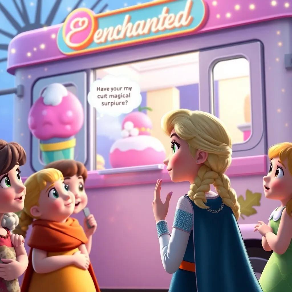 Anna looking amazed at the Enchanted Ice Cream Truck, thinking about the magical surprise flavor, surrounded by her friends, excited expressions, colorful and friendly scene, magical undertone