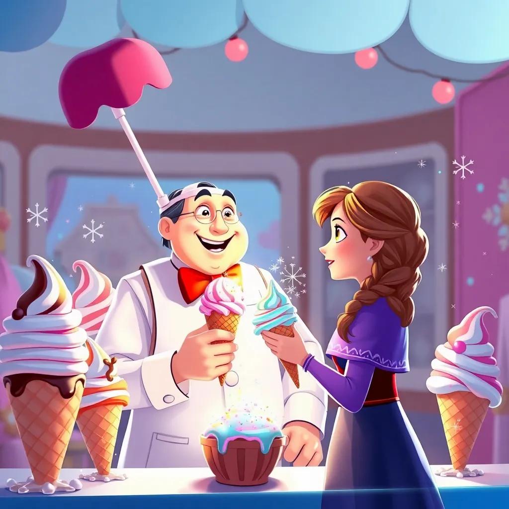 The ice cream man with a knowing smile, surrounded by different magical ice cream cones, offering one to Anna with sparkling effects, whimsical setting, cheerful atmosphere, detailed illustration