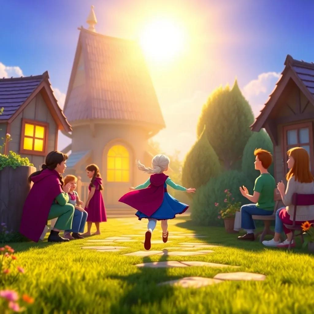 Anna running back home, filled with excitement, animated storytelling scene, sunlight glowing, friends waiting to hear her adventures, vibrant colors, joyful culmination