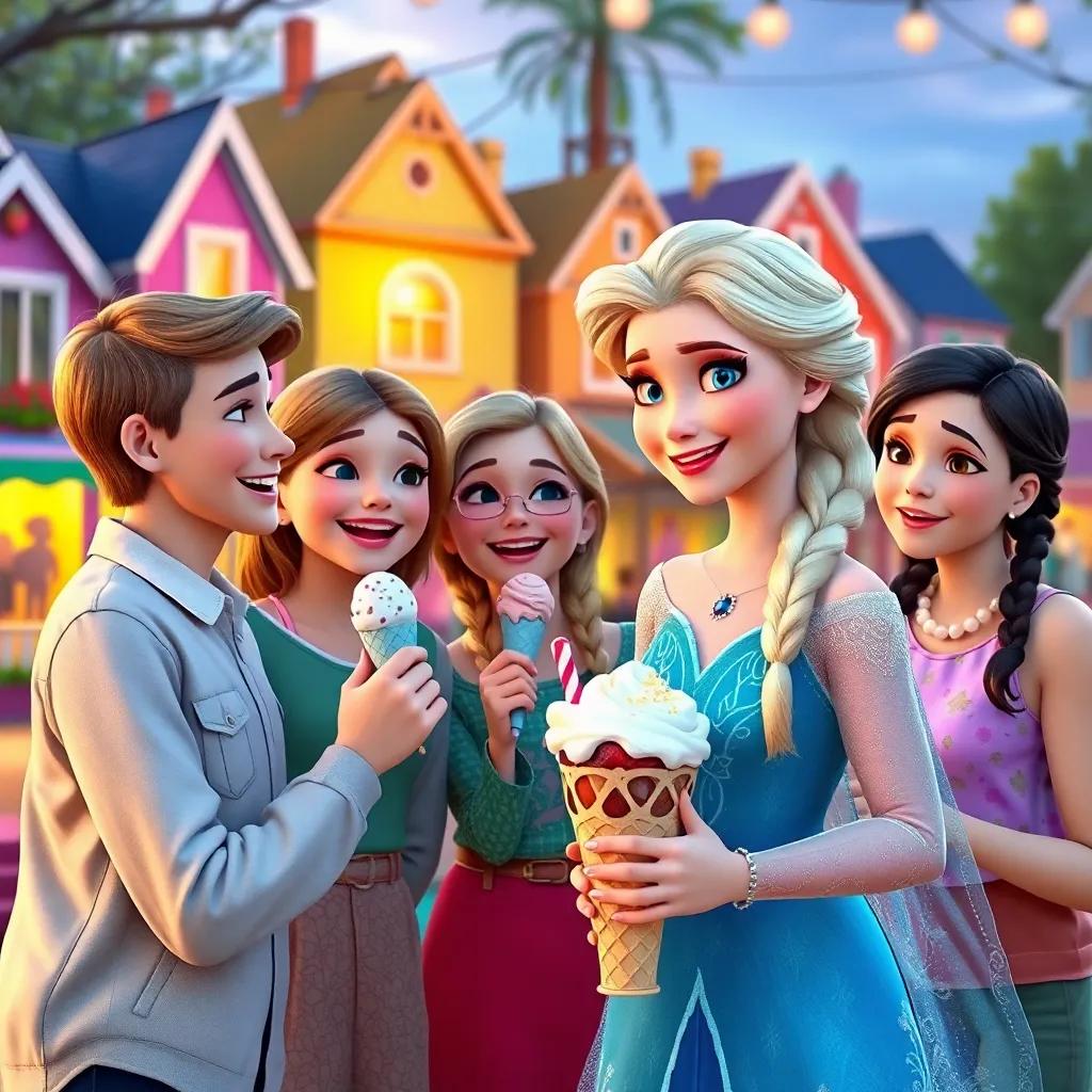 Anna sharing her magical ice cream adventures with her friends, everyone smiling and laughing, colorful neighborhood in the background, warm summer evening, capturing happiness and dreams