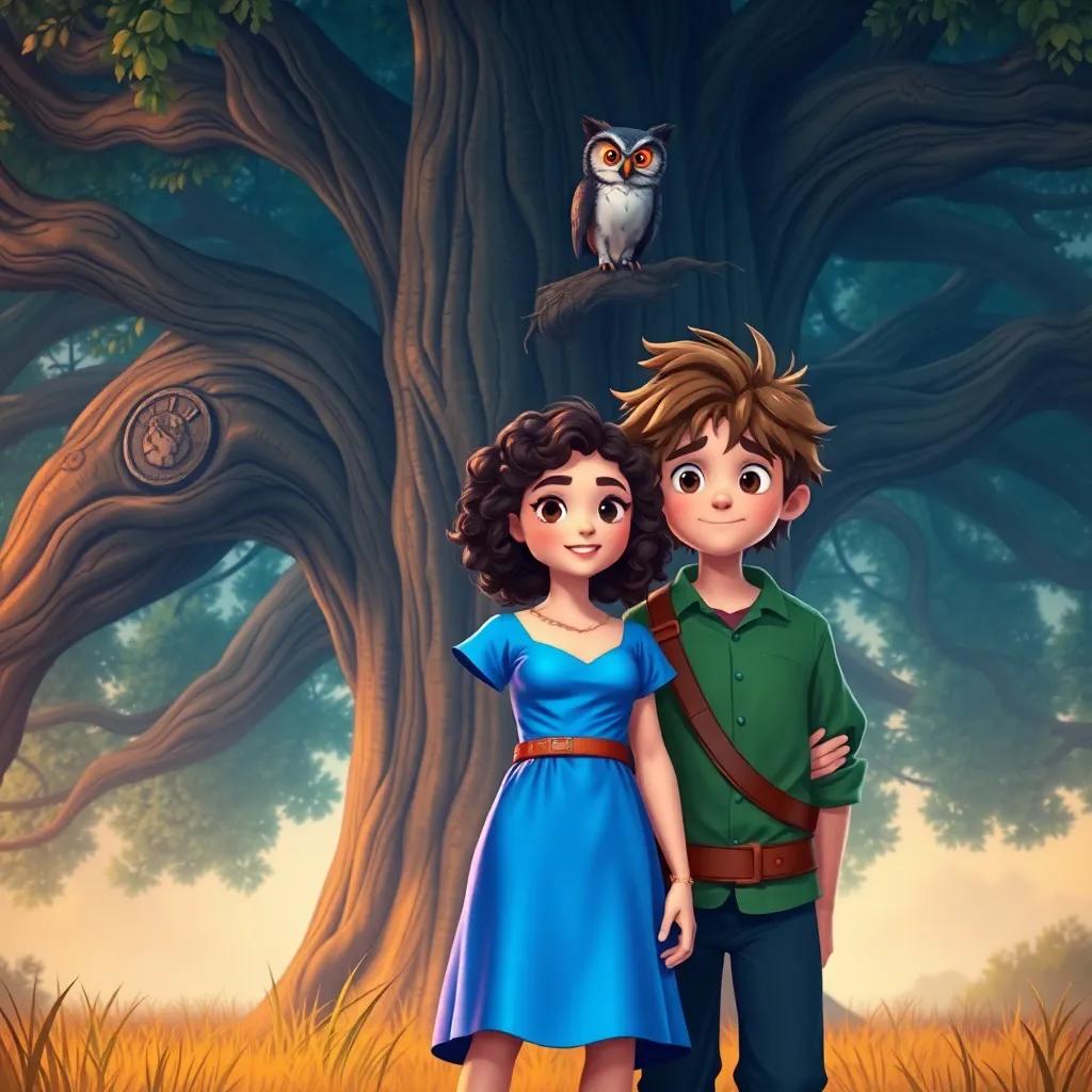 Mia, a brave girl with curly brown hair in a shiny blue dress, and Leo with messy hair in a green shirt, standing in front of a large ancient oak tree, wise owl sitting on a branch, digital art, warm colors, storytelling scene, enchanting perspective, lively