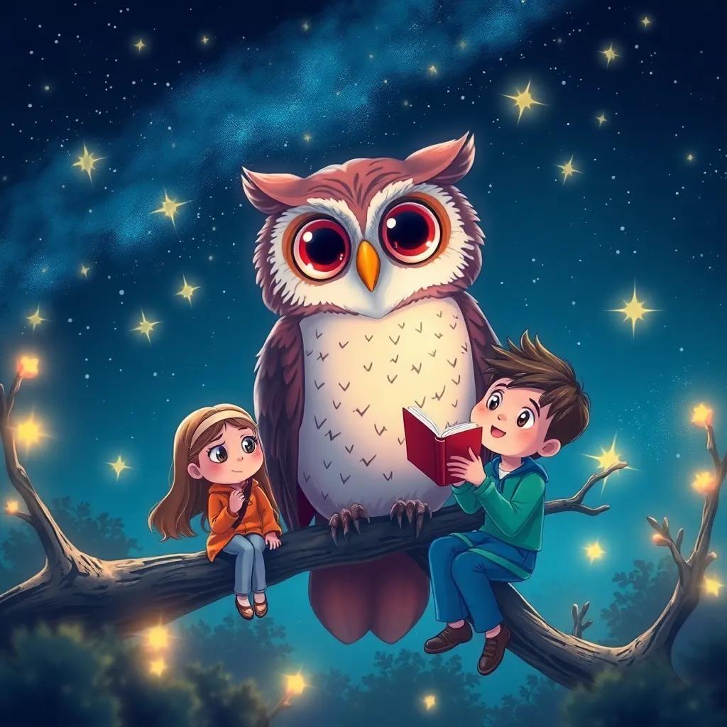 A wise owl with big round eyes sitting on a branch, Mia and Leo looking amazed, sparkles around them as the owl tells magical stories, night sky filled with stars, illustration, cozy lighting, friendly atmosphere, captivating view, high quality