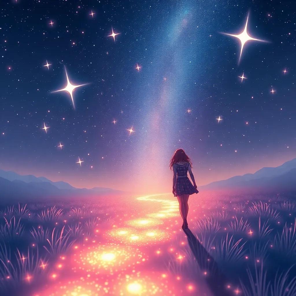 A glowing path made of light leading to the stars, Mia and Leo walking together with smiles, stars whispering secrets, the sky full of bright twinkling stars, digital art, sparkling colors, joyful feeling, dreamlike perspective, stunning