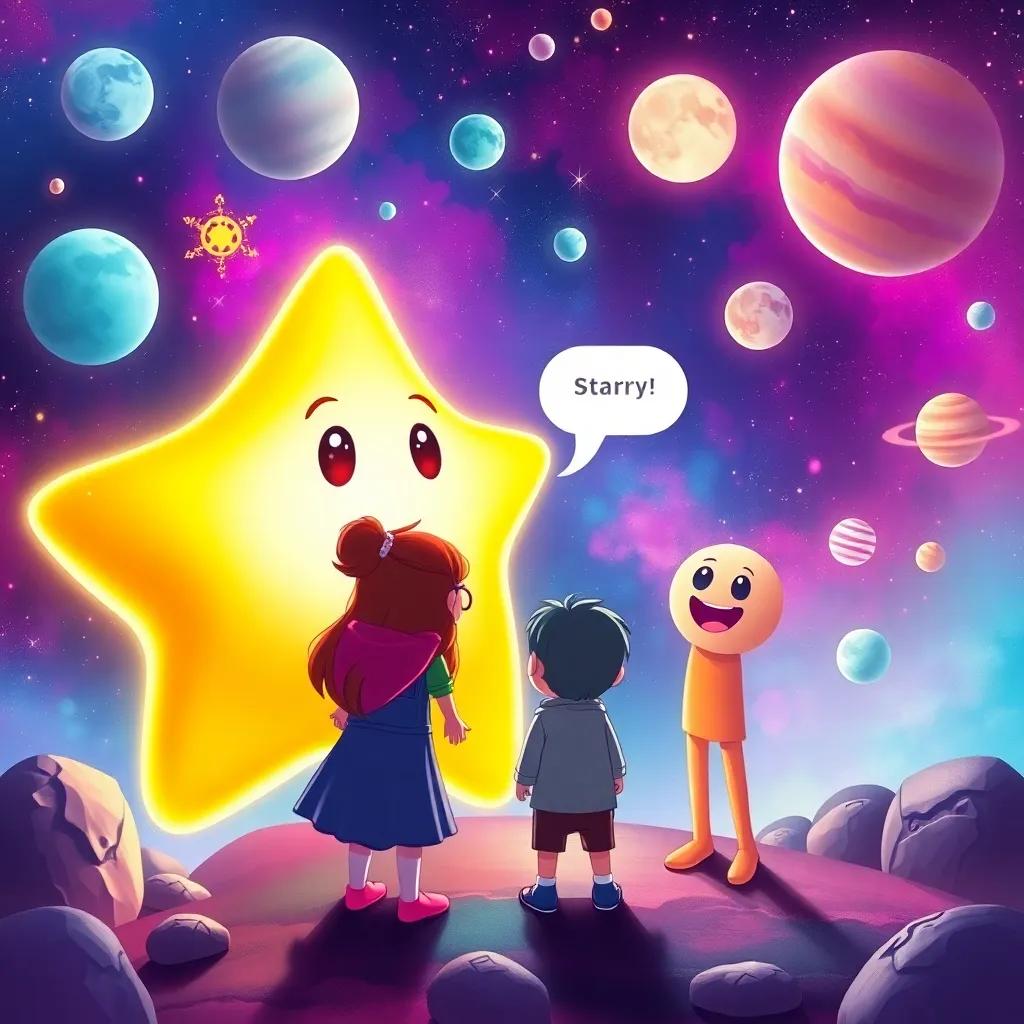 A friendly star named Starry, glowing brightly, speaking to Mia and Leo as they gather around excitedly, surrounded by a colorful galaxy with planets and moons, vibrant digital painting, cheerful atmosphere, imaginative scene, high quality