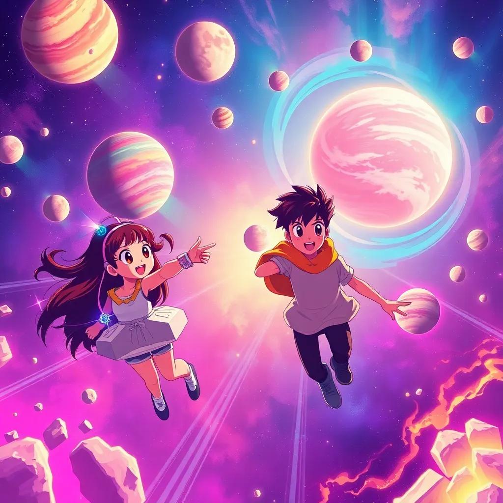 Mia, Leo, and Starry traveling through the galaxy, passing planets with swirling colors and dancing moons, Mia pointing excitedly, Leo looking amazed, colorful and dynamic art style, adventurous tone, uplifting perspective, detailed