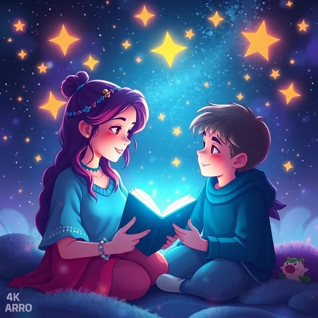 Starry sharing stories of heroes and magical creatures with Mia and Leo, their hearts glowing with courage, stars shining brightly around them, enchanting digital art, warm and inspiring, heartwarming perspective, vibrant