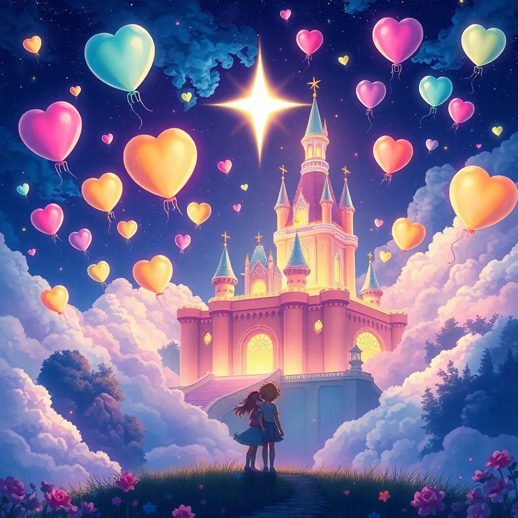 A shining Star Castle surrounded by dreams like floating balloons, Mia and Leo gazing in awe, wishes floating in the air, magical scenery at night, colorful and bright illustration, fantasy, dreamy atmosphere, high quality