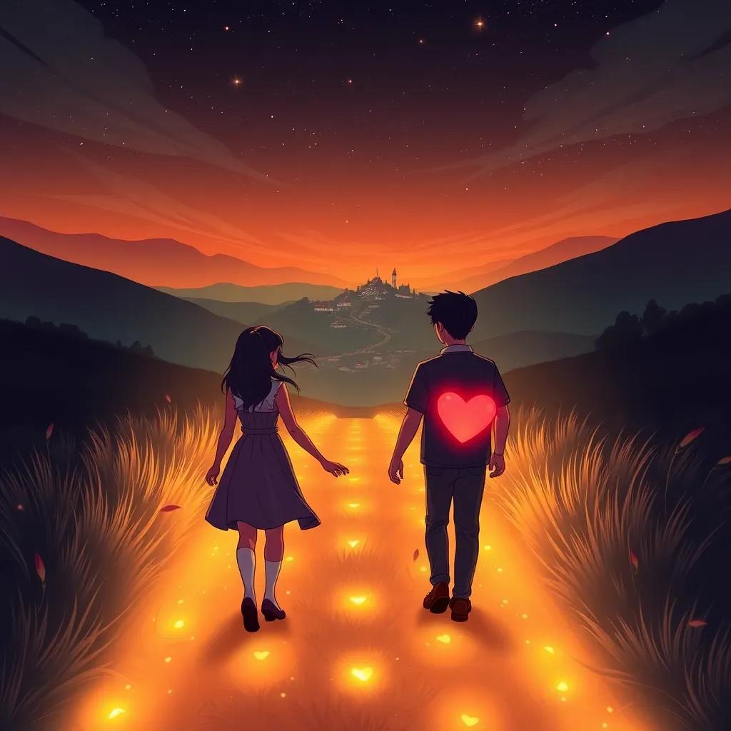 Mia and Leo walking back down the glowing path with happy hearts, their wish granted, village in the distance, night sky shining with stars, digital art, warm tones, optimistic atmosphere, inviting perspective