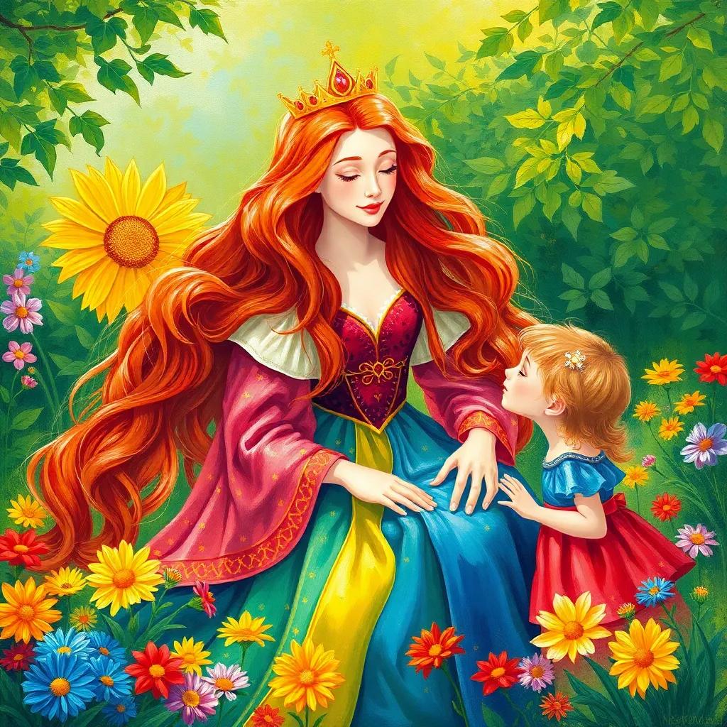 Queen Kristen, a maiden with long, flowing hair in a colorful gown, whispers to her children in a sunny garden, colorful flowers around them, bright and cheerful, illustration, child-friendly