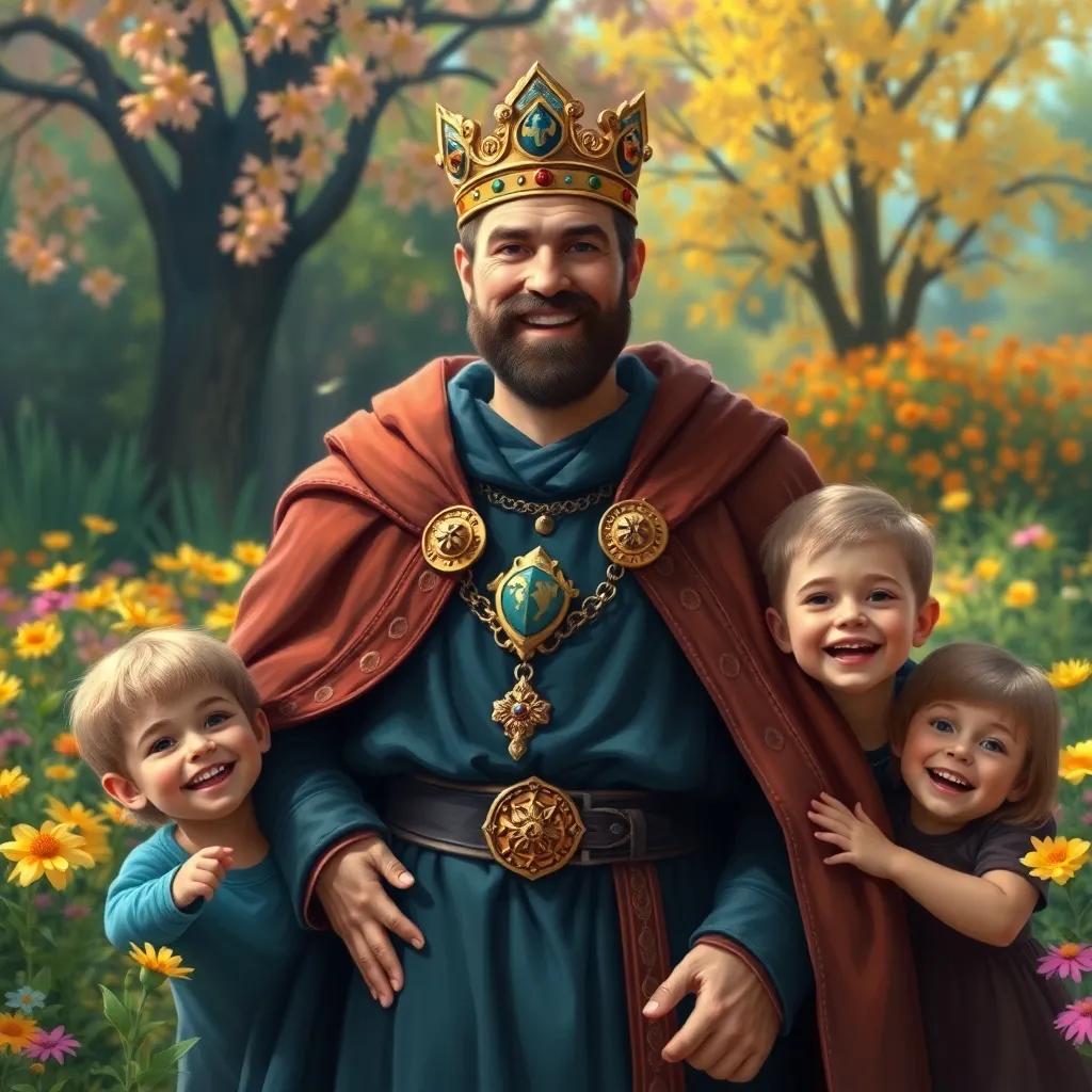 A noble king, Justin, with a royal cloak and a kind smile, standing proudly in a blooming garden surrounded by his three excited children, detailed digital art, warm colors, inviting scene, high quality