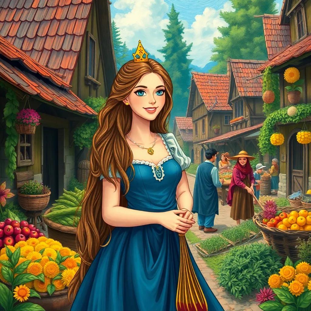 Queen Kristen in an enchanted village helping a farmer, her long hair flows gracefully, with villagers happily working around her, vibrant marketplace, illustration, joyful atmosphere, high quality