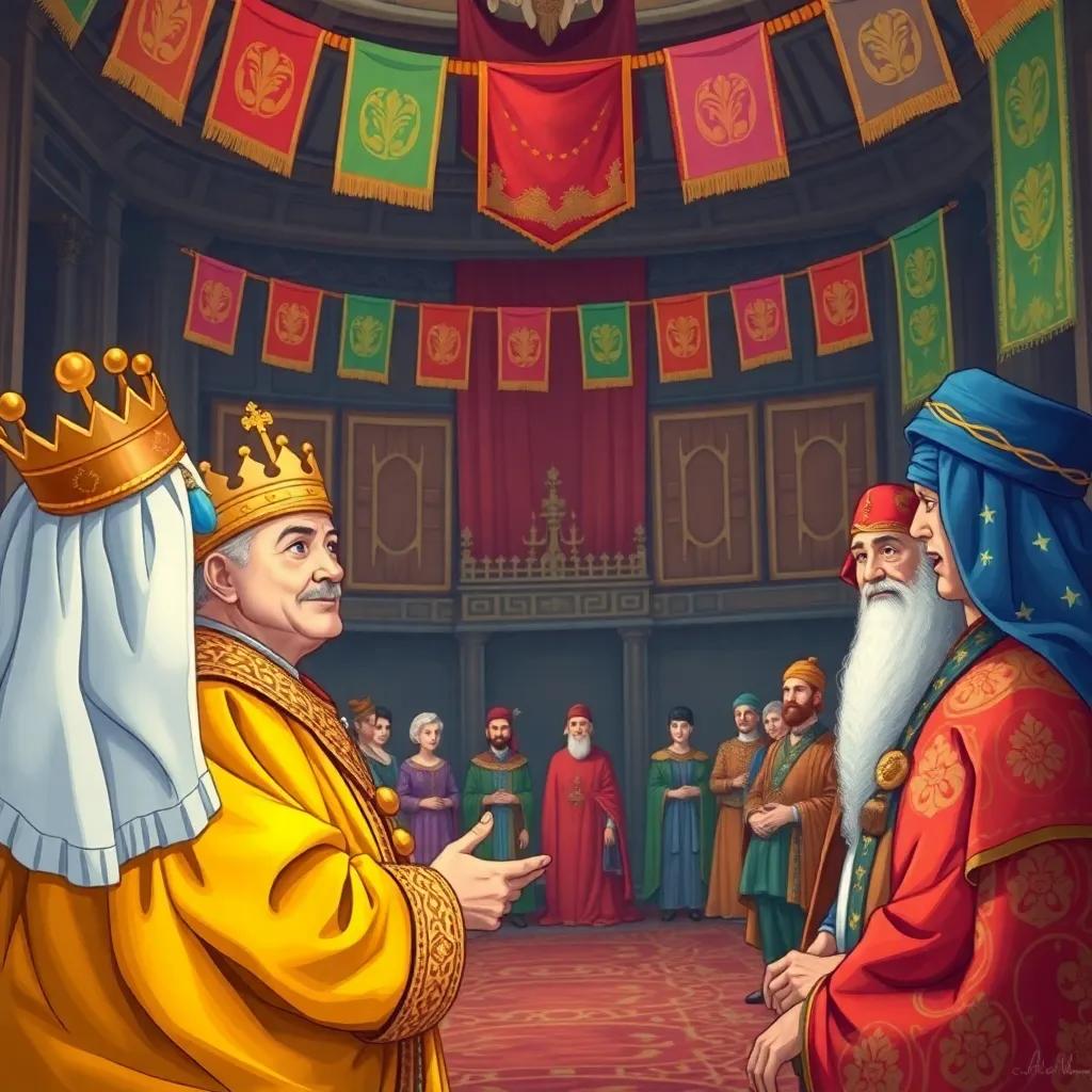 King Justin speaking to neighboring kingdom representatives in a grand hall, showing wisdom with a gentle smile, colorful banners hanging, illustration, positive and diplomatic atmosphere, high quality