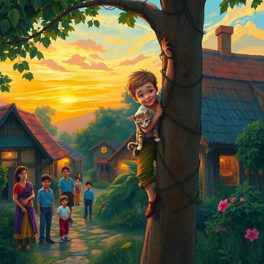 A brave young boy, Leo, climbing a tree to rescue a scared kitten, in a lively village during dusk with villagers watching happily, digital art, warm colors, exciting scene, high quality