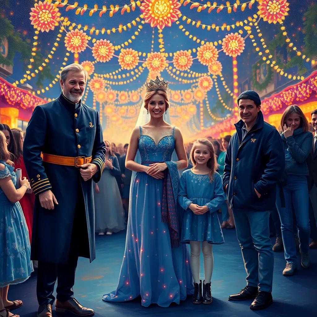 Queen Kristen standing proudly with King Justin and their children, surrounded by magical lights during a night festival, joyful gathering, vibrant colors, enchanted atmosphere, high quality
