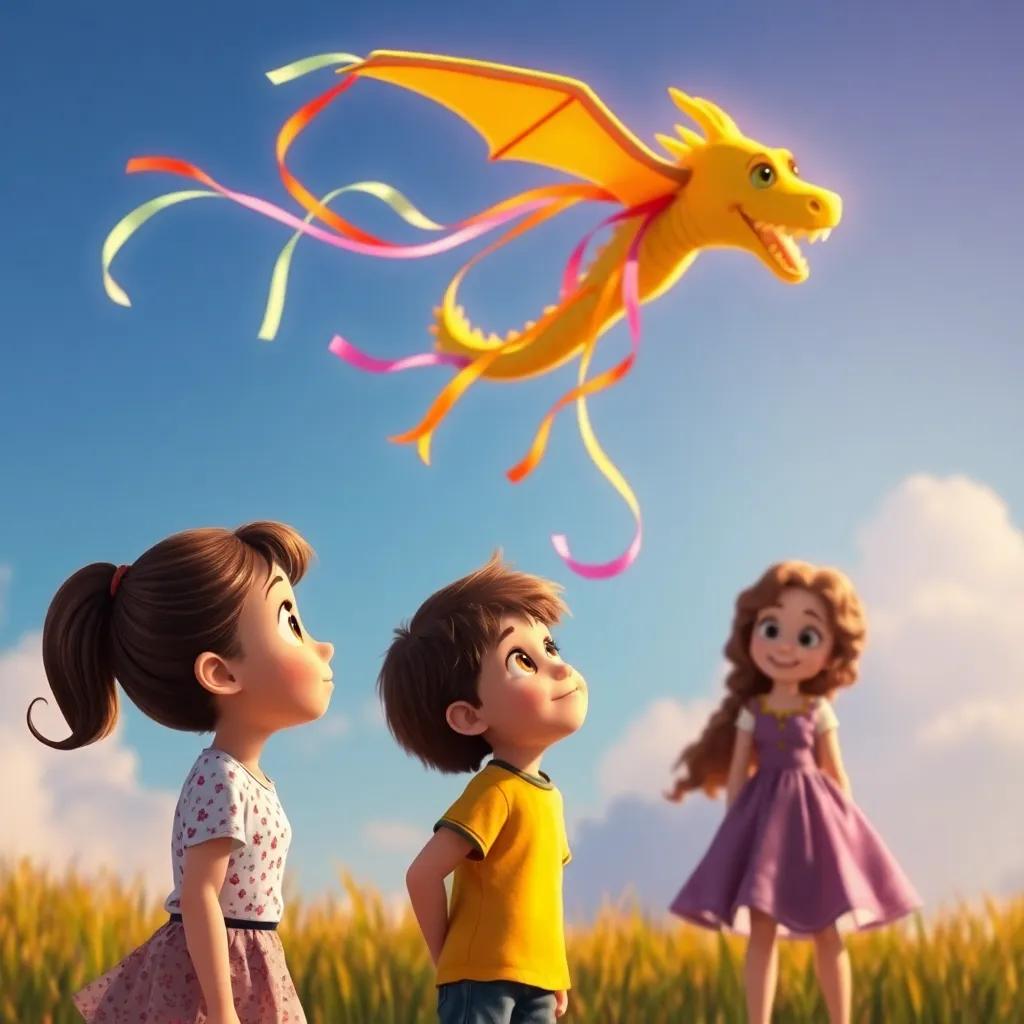Lucy, a young girl with brown hair in a ponytail, alongside her friends Max, a boy with dark hair in a t-shirt, and Bella, a girl with curly hair wearing a dress, watching in awe as their kite turns into a dragon made of ribbons, colorful and magical, animated scene, lively