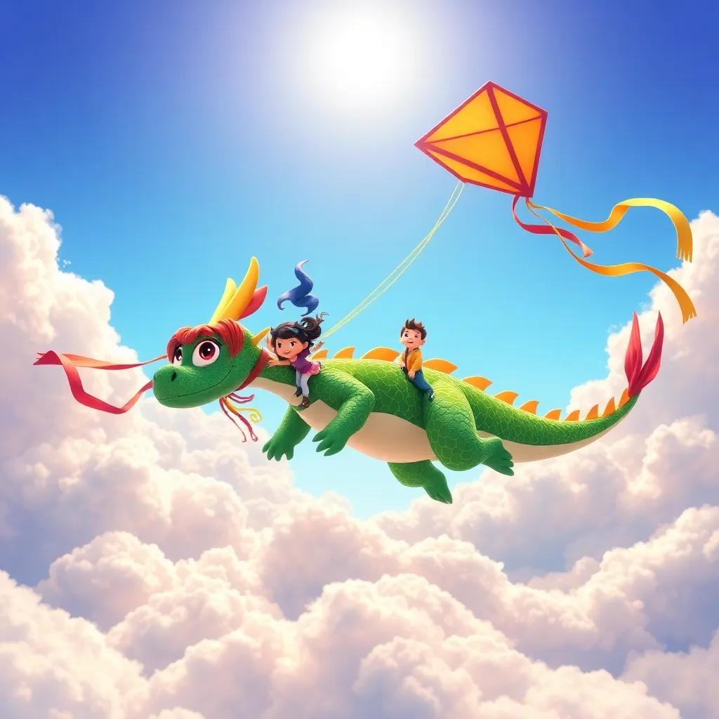 Kiki, the kite dragon, colorful and whimsical, with flowing ribbons, soaring in the sky with Lucy, Max, and Bella on its back, fluffy clouds below, bright sun, exhilarated faces, enchanting atmosphere, dynamic perspective, child-friendly